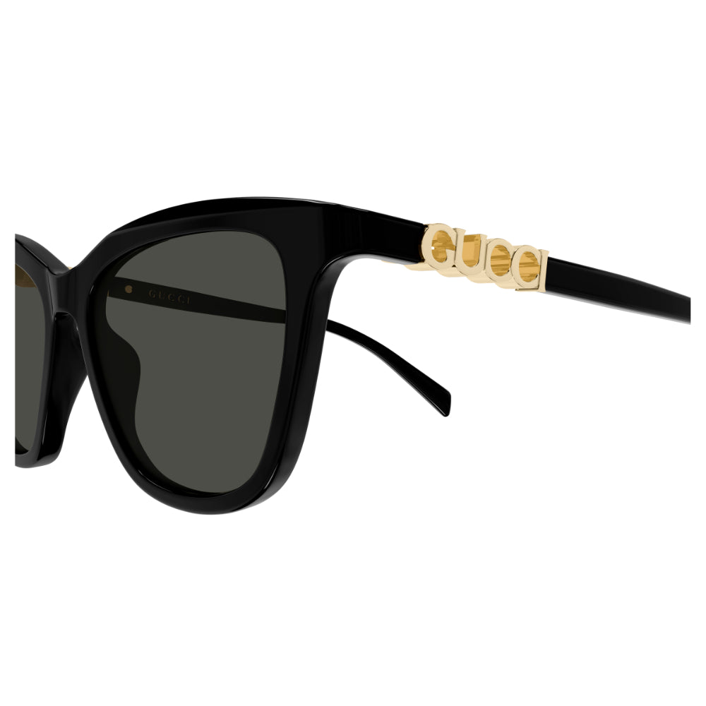 Black sunglasses with gold accents on a white background