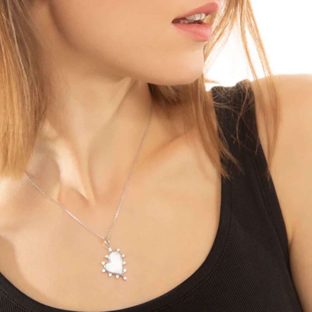 MRK Mother of Pearl Heart Necklace with White Sapphires