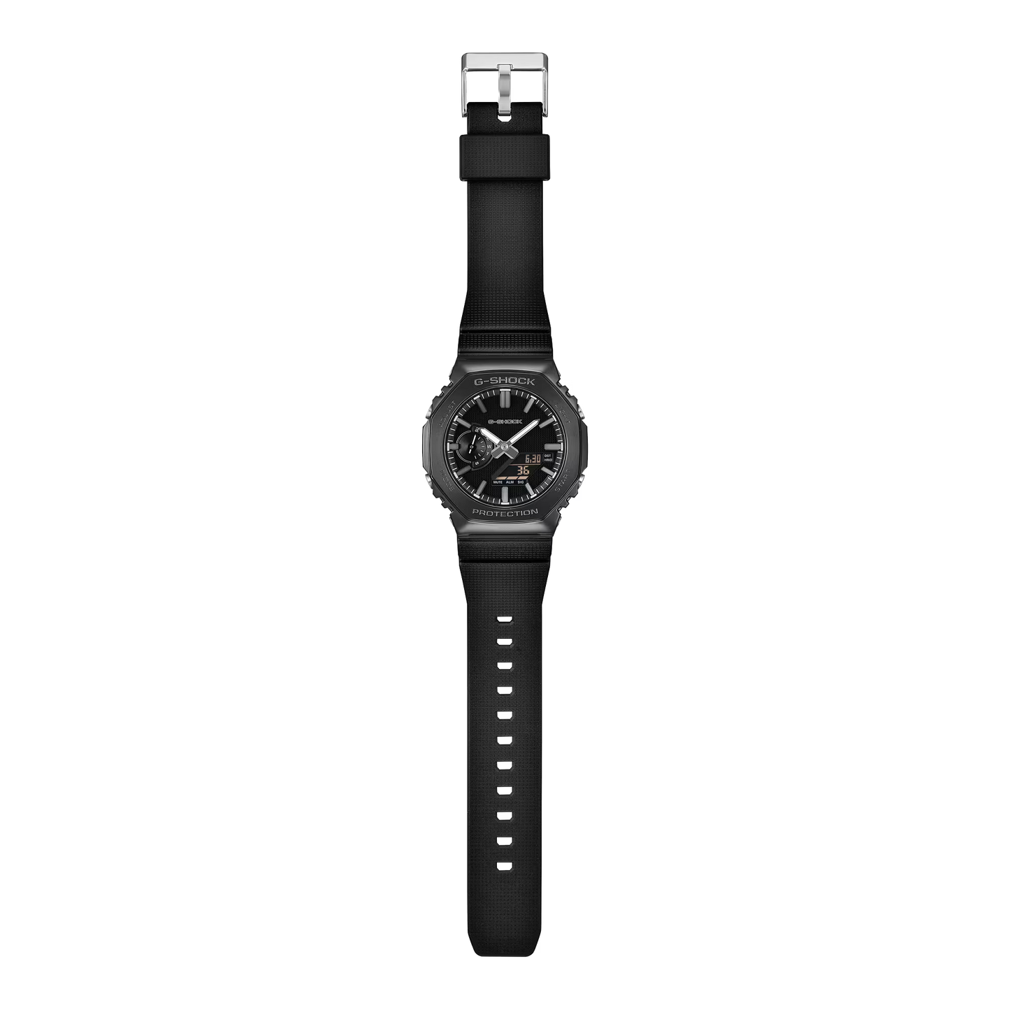 A black analog watch with a black strap and a dark gray bezel, centered on a solid white background.