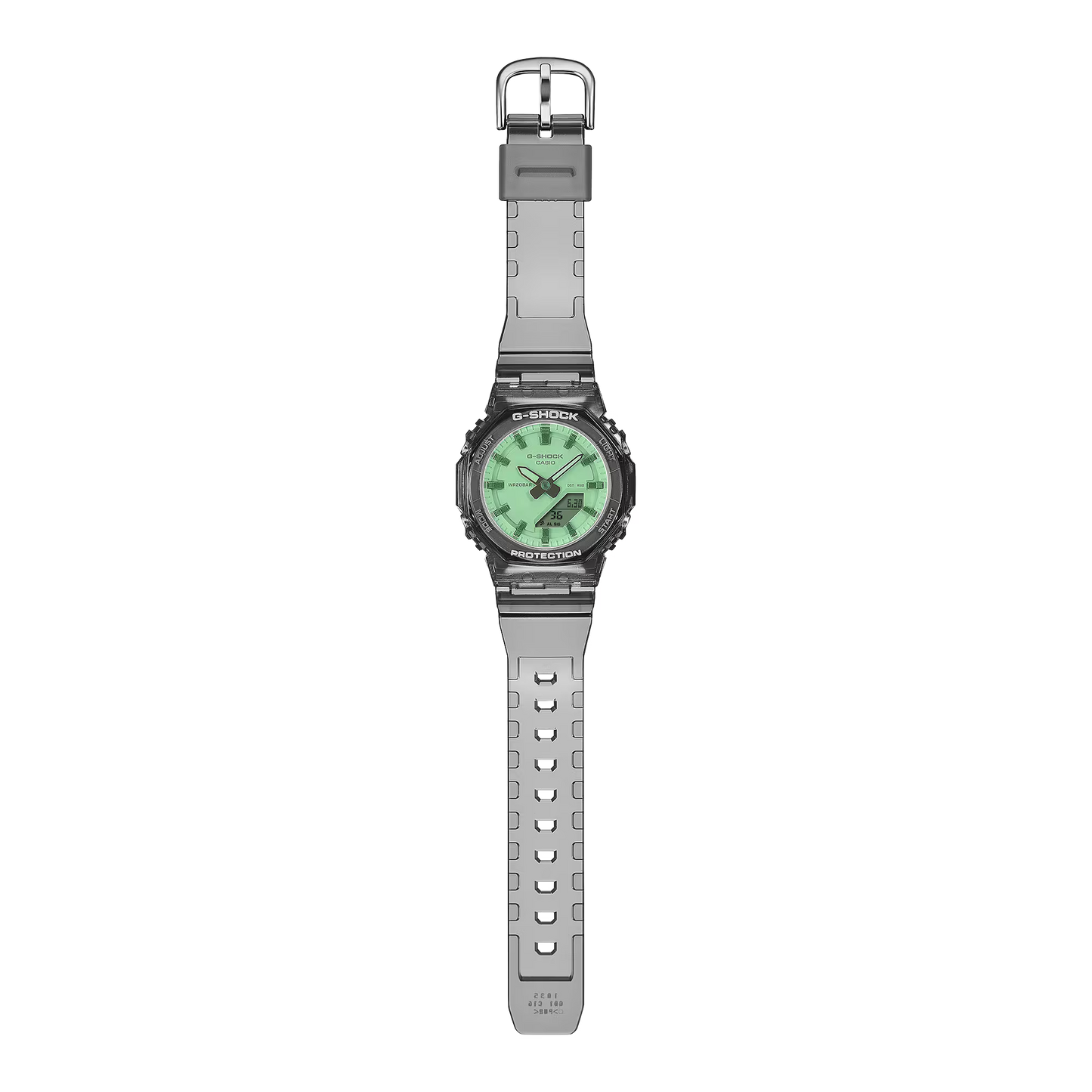 Casio watch with green face and gray strap on a white background