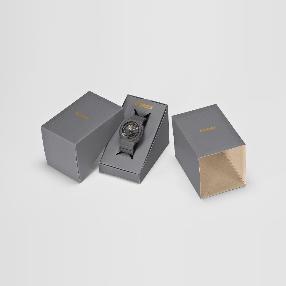 Watch in a gray box on a light gray background