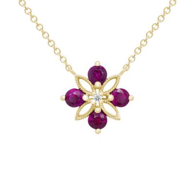 14k Gold Ruby and Diamond Flower Pendant Necklace