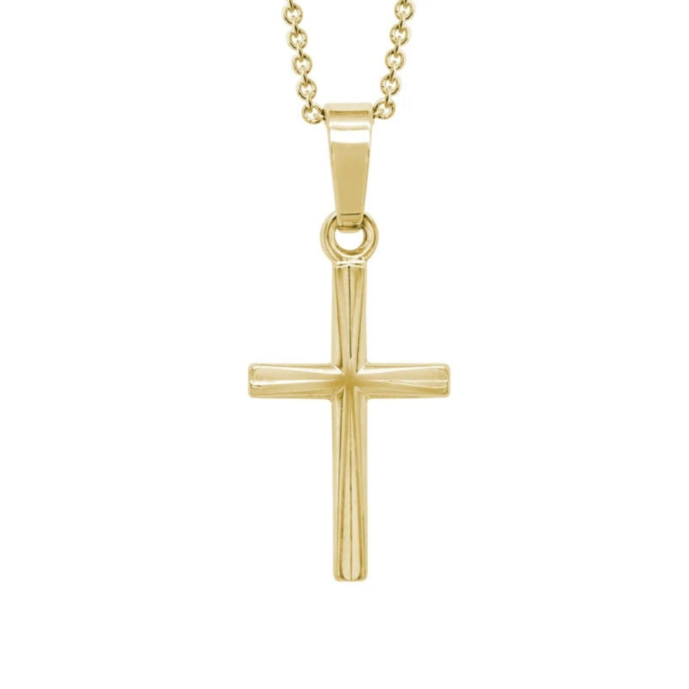 A yellow gold cross pendant necklace with a polished finish, suspended from a matching gold ball chain