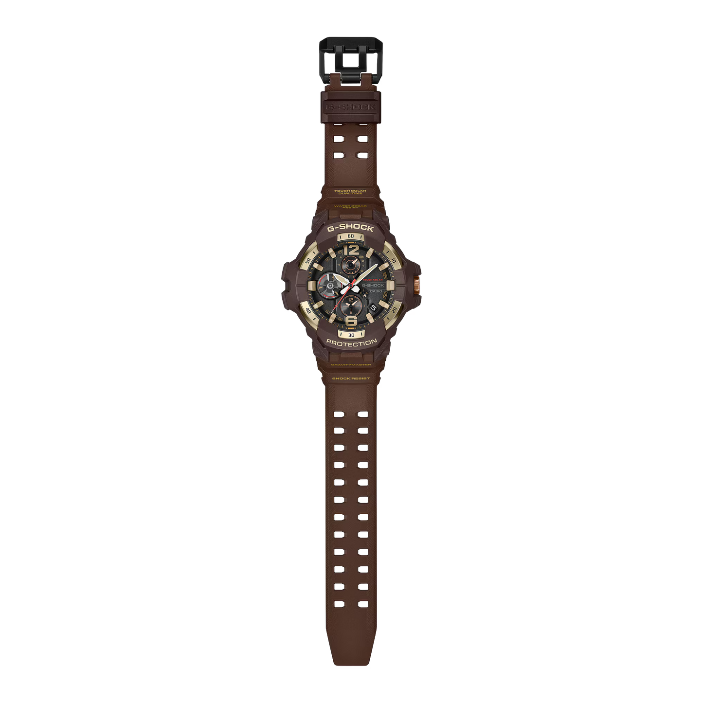 A Casio G-Shock analog watch with a brown silicone strap and a dark brown and black case featuring gold-tone accents, centered on a plain white background.