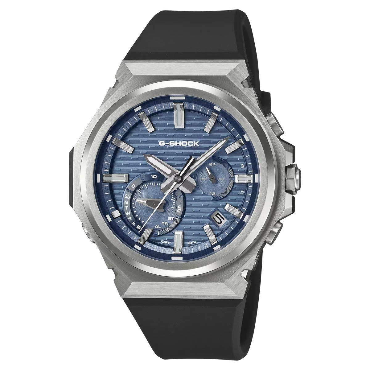 A G-Shock men's watch featuring a silver-tone octagonal case, a textured blue dial with three subdials, and a black rubber strap, shown against a plain white background.