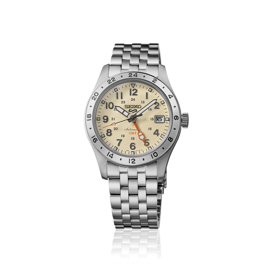 seiko wristwatch with cream color dial and silver tone bracelet on white background