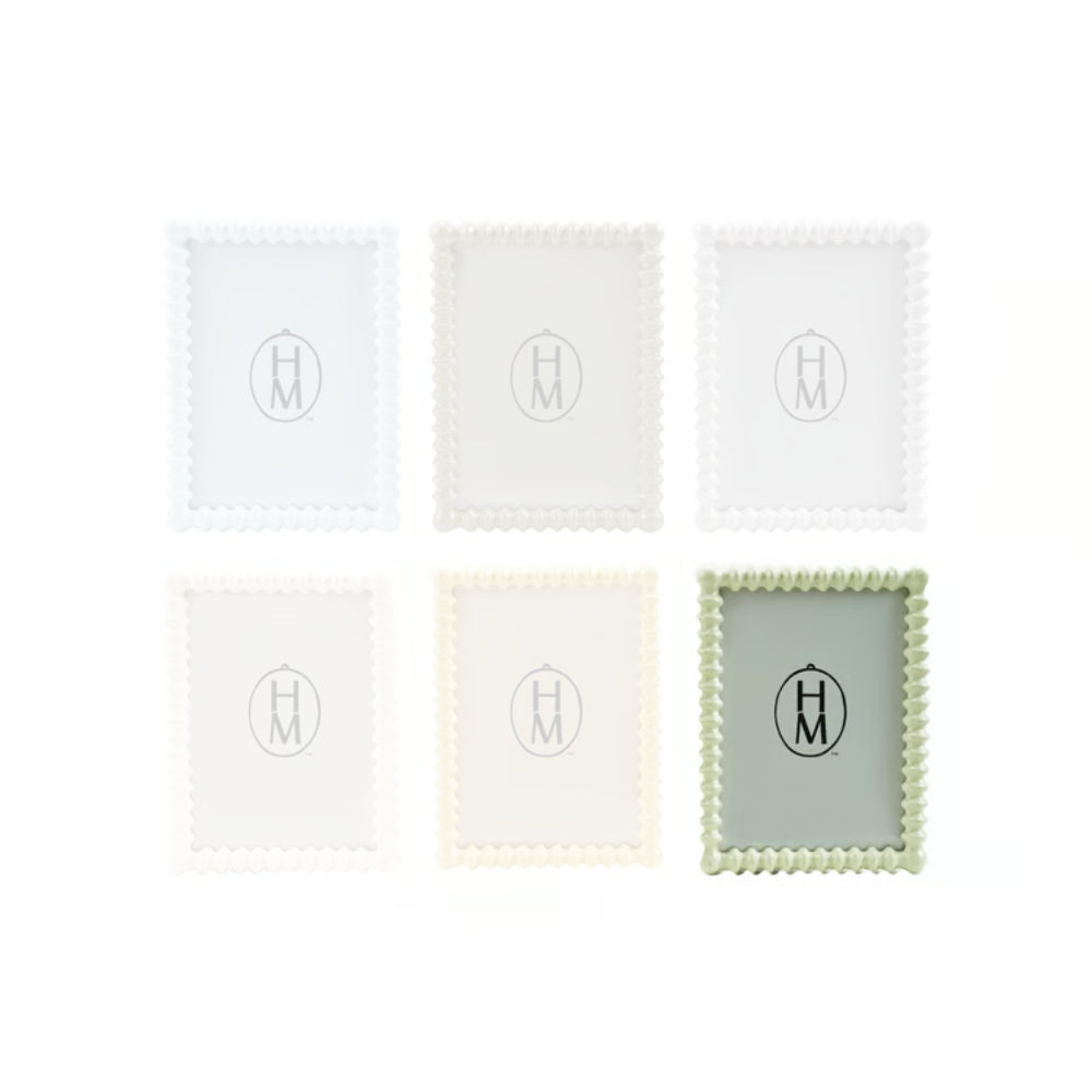 Mint Green square spindle picture frame with scalloped edges and a central logo on a white background.