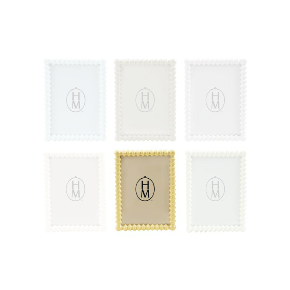 Yellow square spindle picture frame with scalloped edges and a central logo on a white background.
