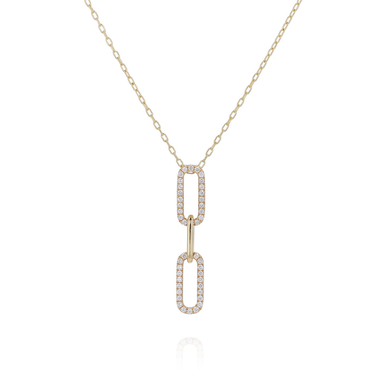 Yellow gold alternating polished and diamond pave link pendant necklace on a white background