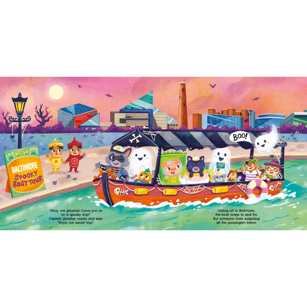 A colorful children's book illustration showing a group of cartoon animals riding in a boat on the water, with a city skyline and moon in the background. The scene includes visible text panels and decorative illustration elements rather than a standalone physical product shot.