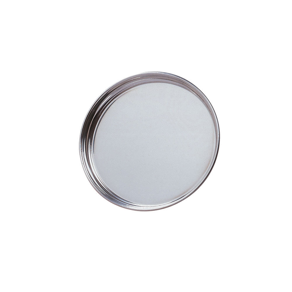 6" round silver pewter tray with rim on a white background.