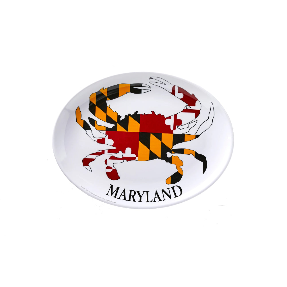 Round Platter with a crab design of the Maryland flag on a white background.