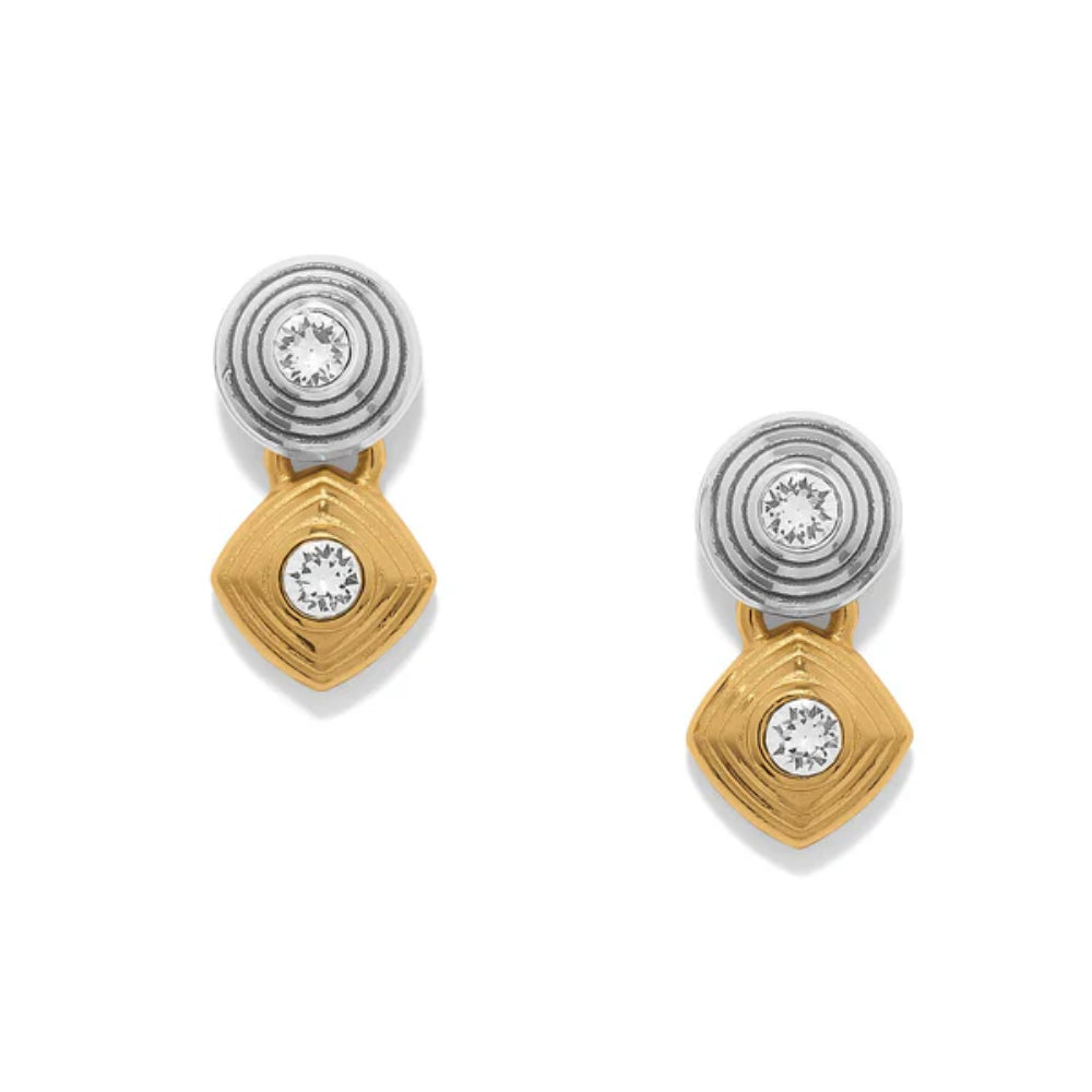 Pair of gold and silver earrings with clear gemstones on a white background