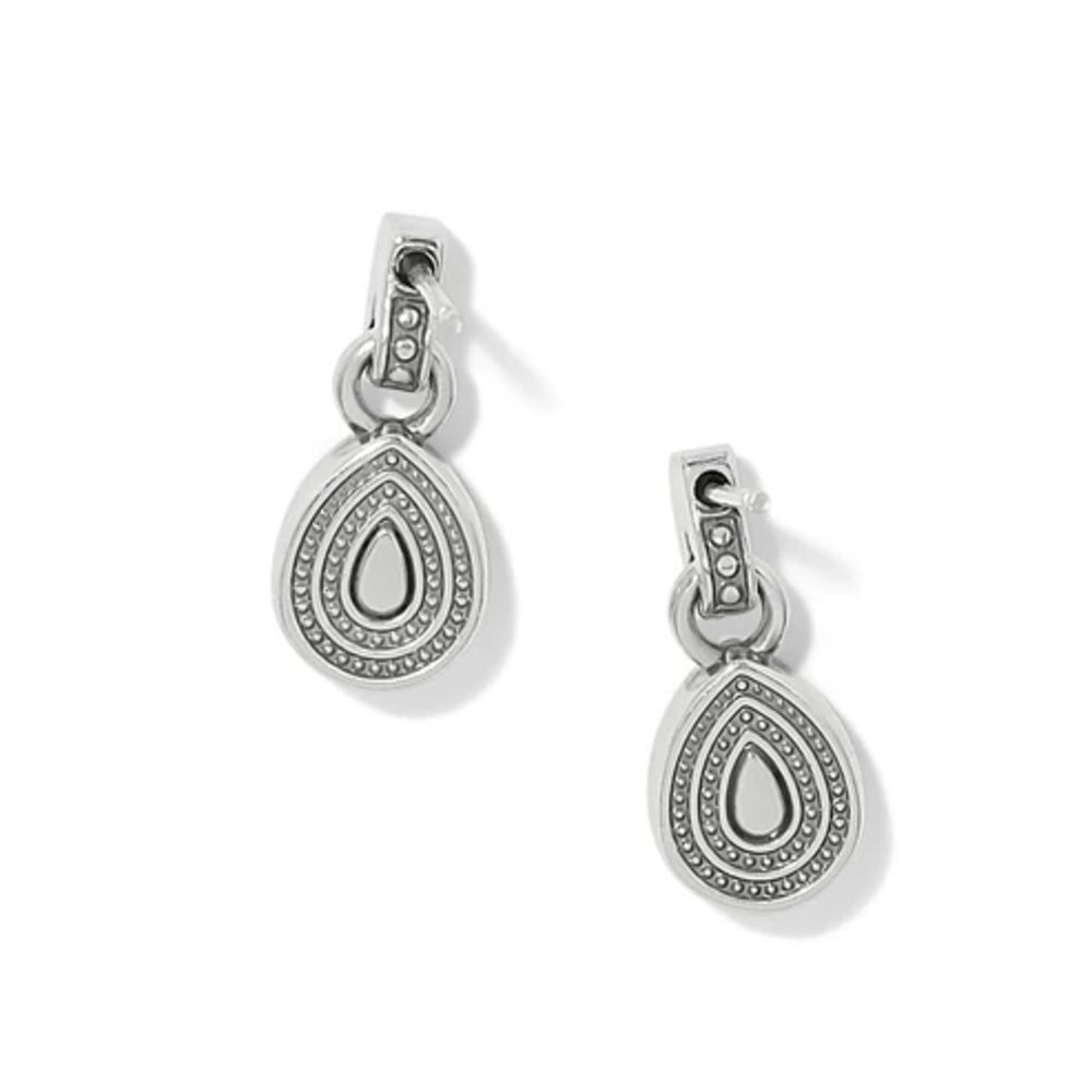 A pair of silver teardrop-shaped drop earrings with intricate textured detailing and small clear stones, shown on a clean white background.