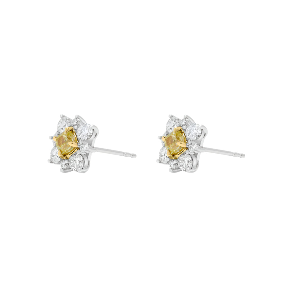 18k Gold Yellow and White Diamond Stud Earrings
