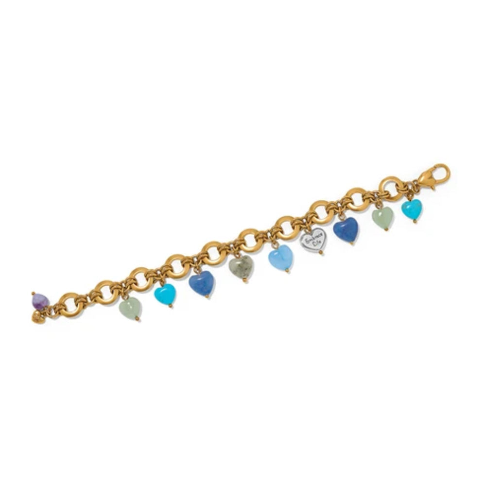 A gold chain bracelet featuring multiple dangling heart charms in various colors including blue, green, purple, and silver, displayed on a clean white background.