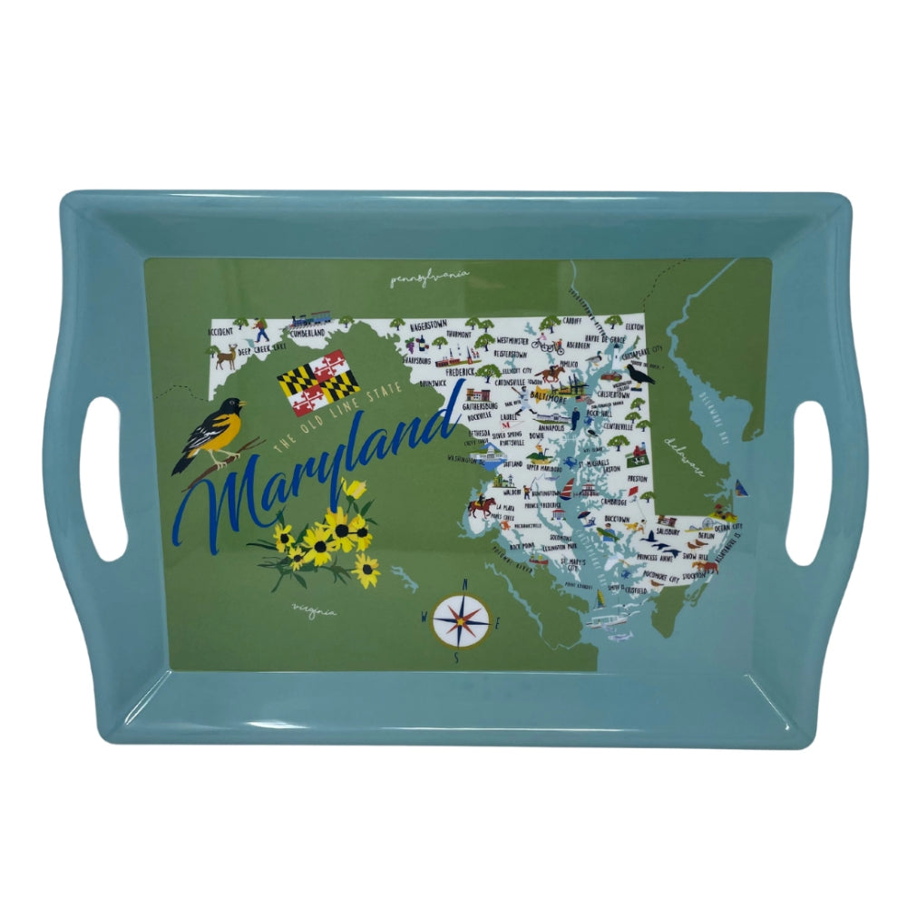 Teal tray with a map of Maryland design on a white background.