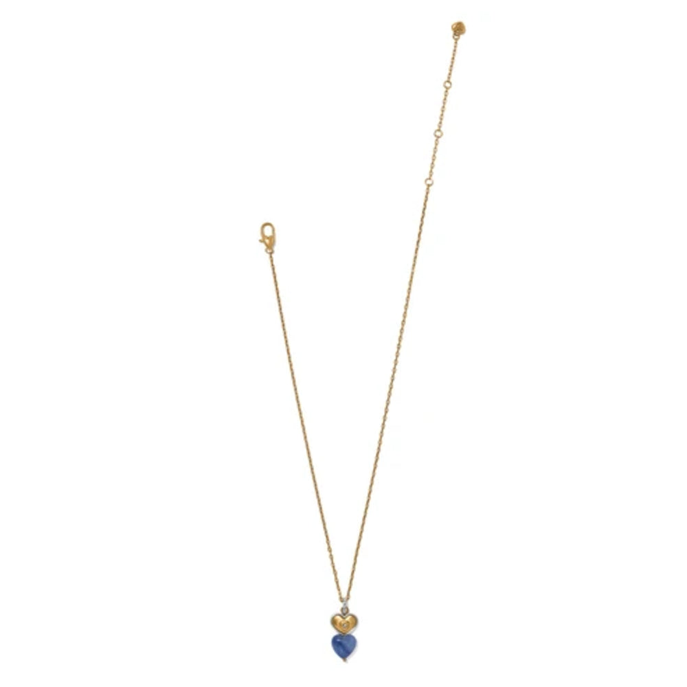 A delicate gold chain necklace featuring a double-heart pendant, with one gold heart and one blue heart, displayed against a solid white background.