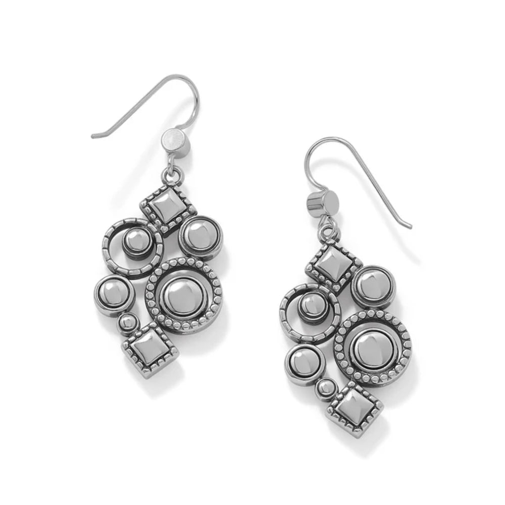 A pair of silver-toned dangle earrings with a geometric, layered design featuring circular and square elements, shown on a plain white background.