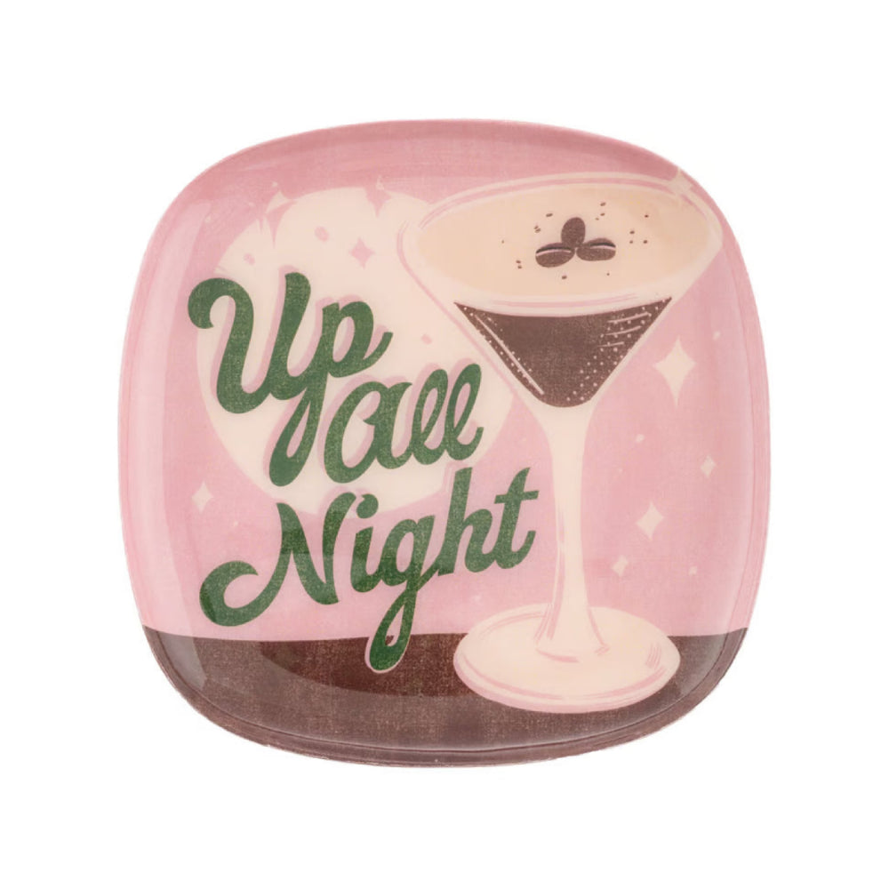 A square decorative metal tray with rounded corners featuring a pink and cream background, a martini glass illustration, and the phrase 'Up All Night' in green script.