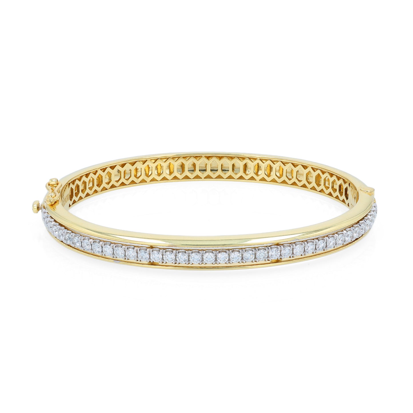 Gold bracelet with diamond center diamond row on a white background