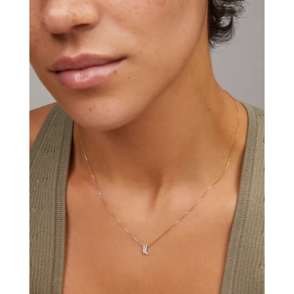 Kendra Scott Tiny Cowboy Boot 14k Yellow Gold Pendant Necklace in White Diamond