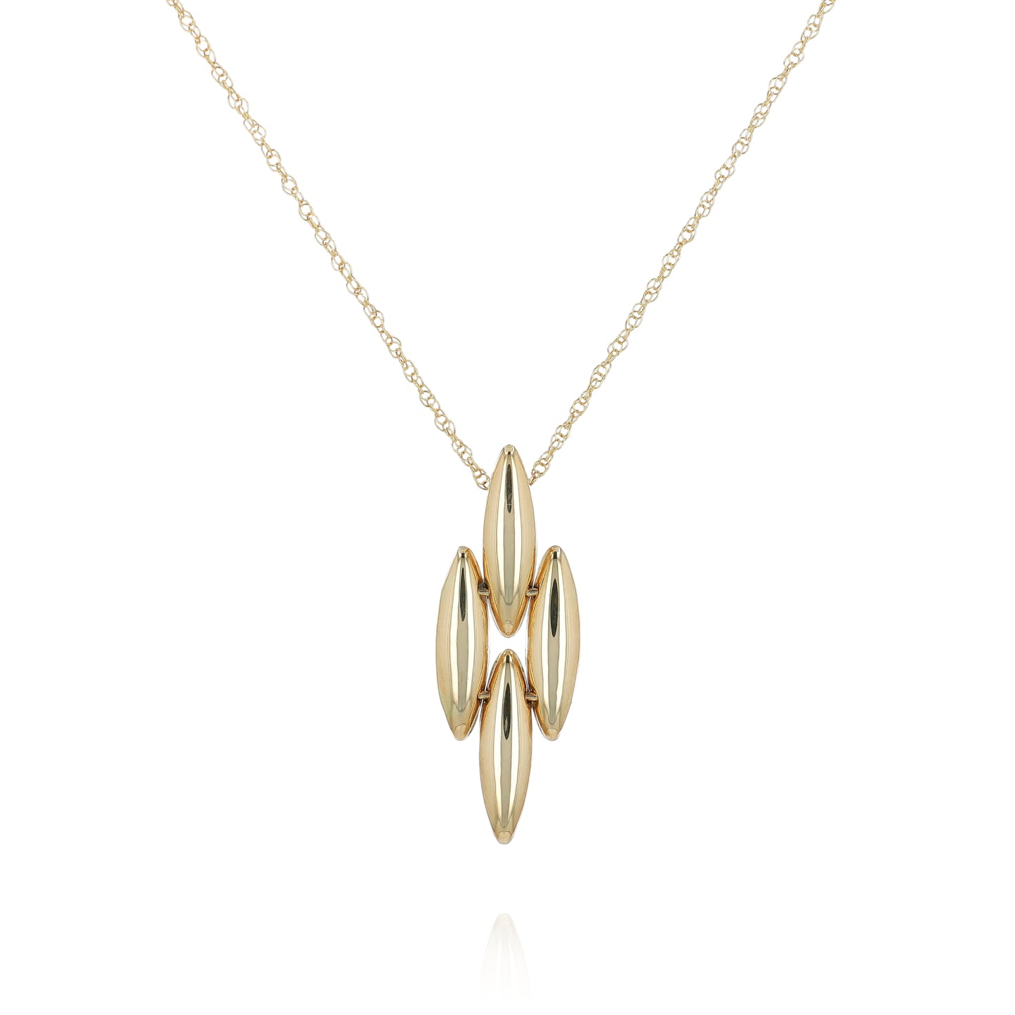Gold necklace with a polished elongated link pendant on a white background