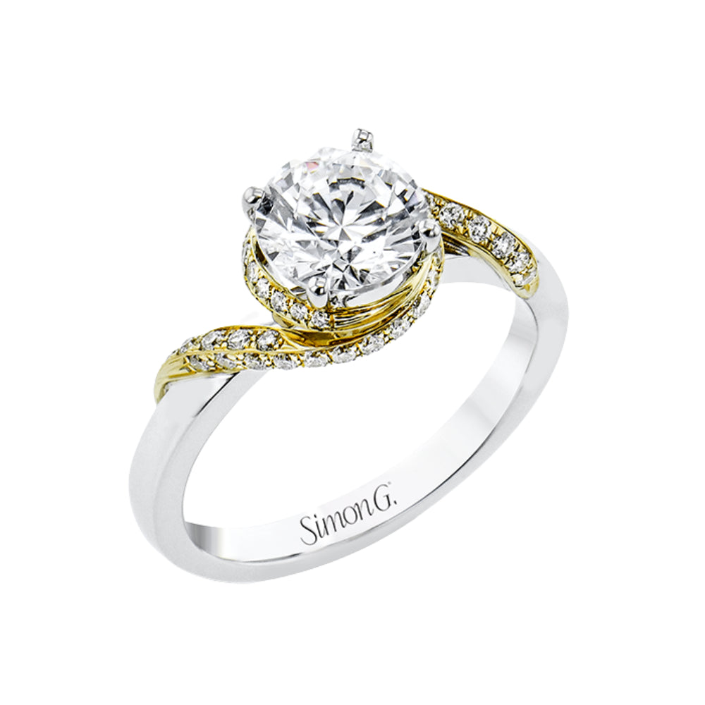 Two-tone gold Simon G. ring with pave twist shank accents on a white background