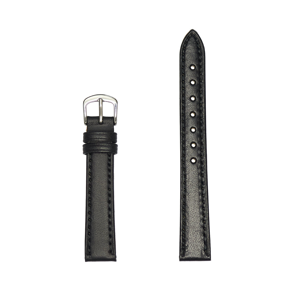 Ladies Genuine Leather Watch Band, Silver Buckle - Black