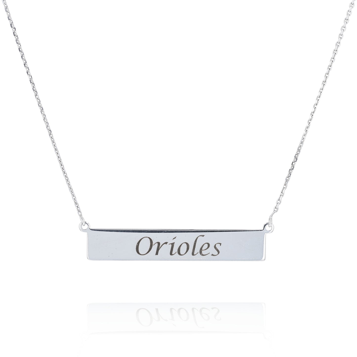 Silver nameplate necklace engraved with the text "Orioles" on a white background