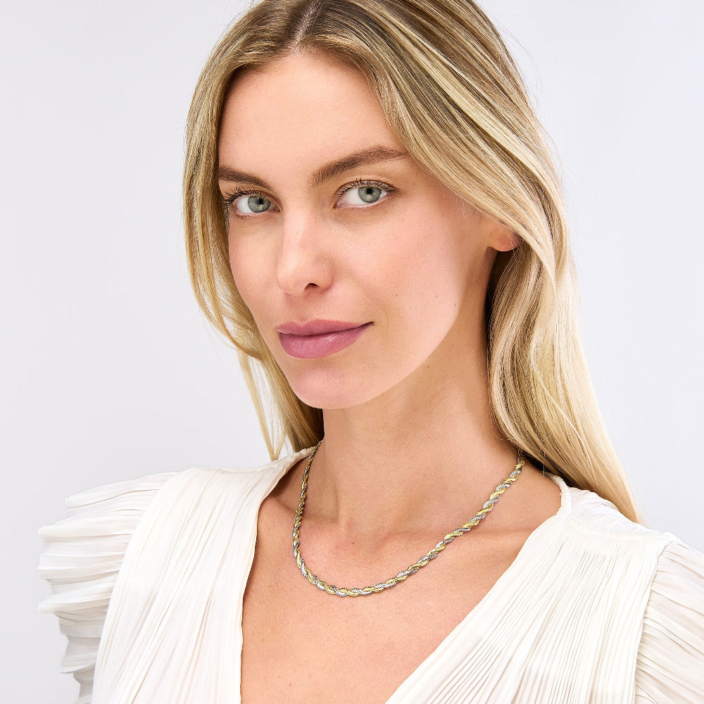 Woman wearing two tone braided snake chain