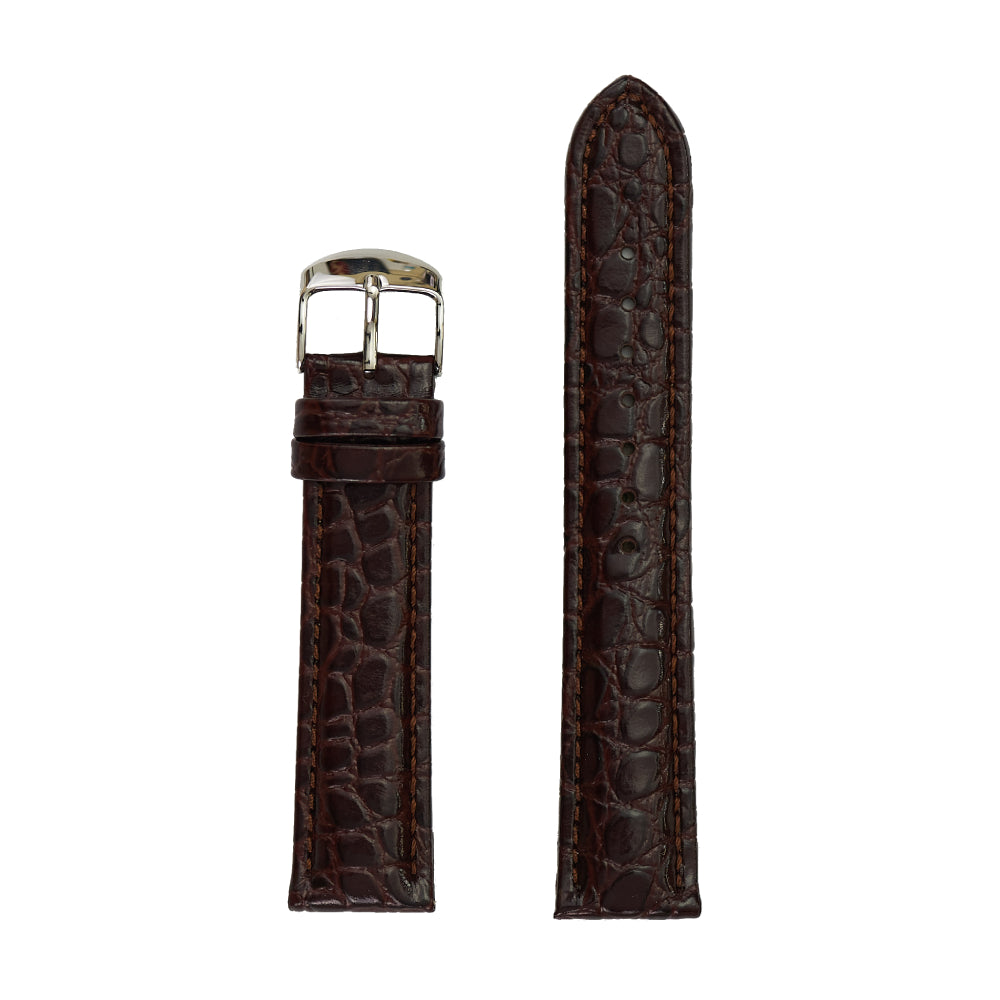 Men's Genuine Crocodile Grain Leather Watch Band, Silver Buckle - Brown
