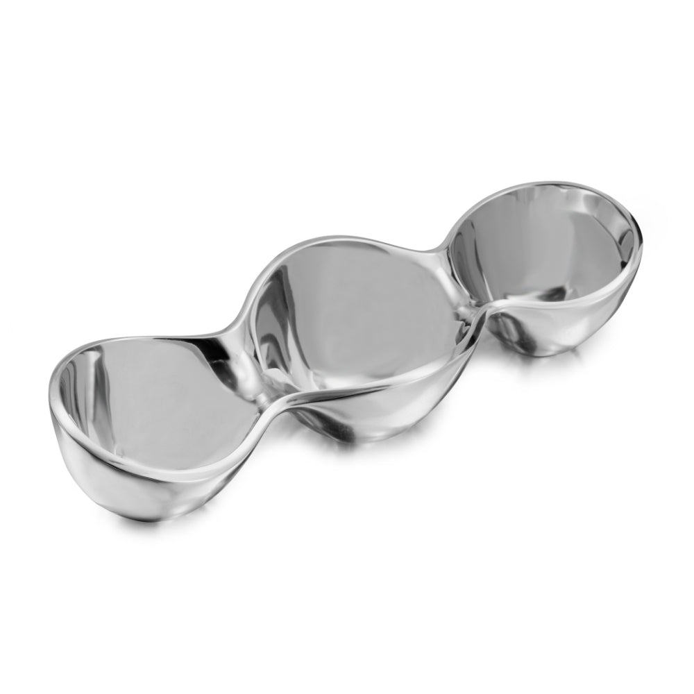 A silver alloy triple triple condiment server on a white backround.