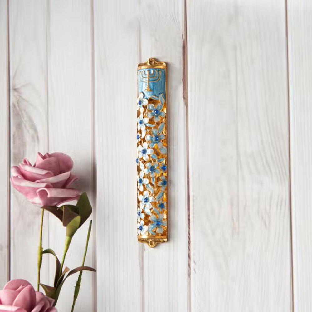 Matashi Hand Painted Blue & Ivory Enamel Mezuzah-5.5"