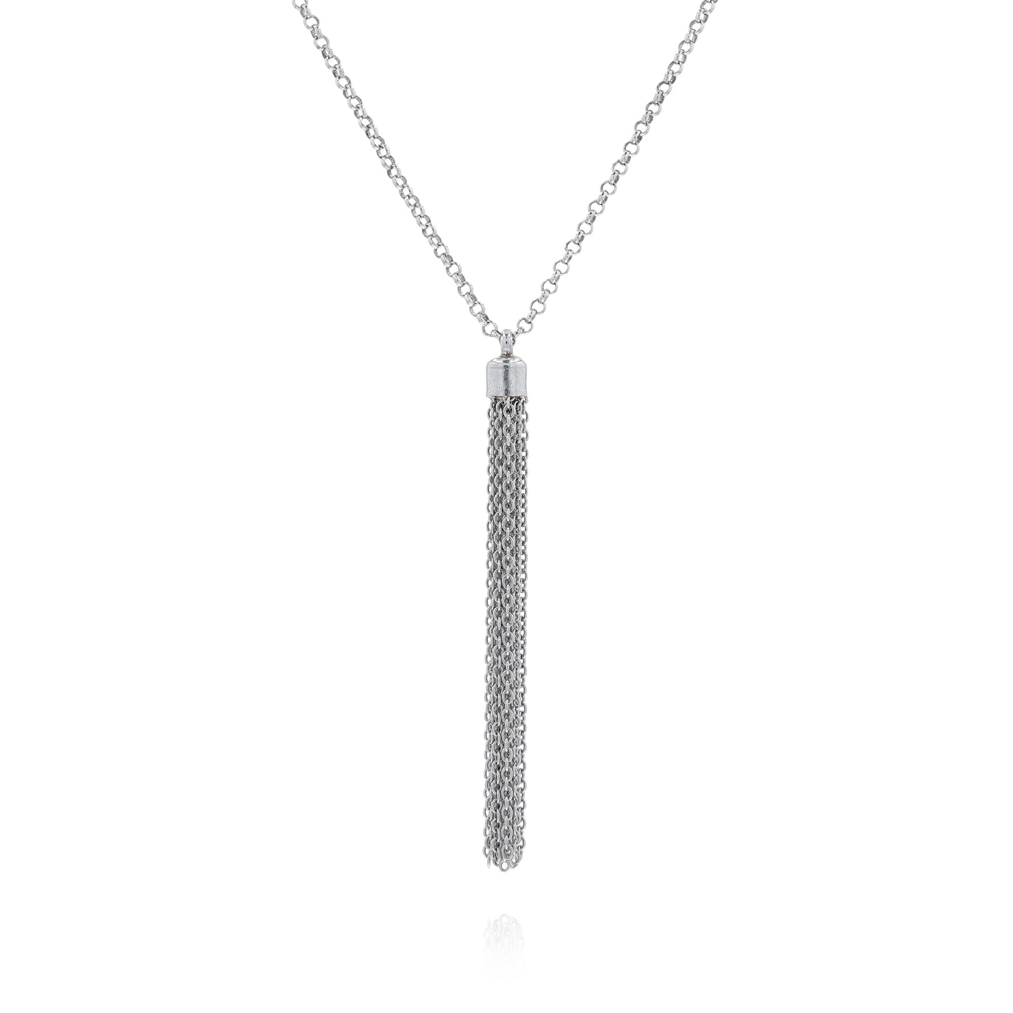 Silver tassel chain pendant necklace on a white background