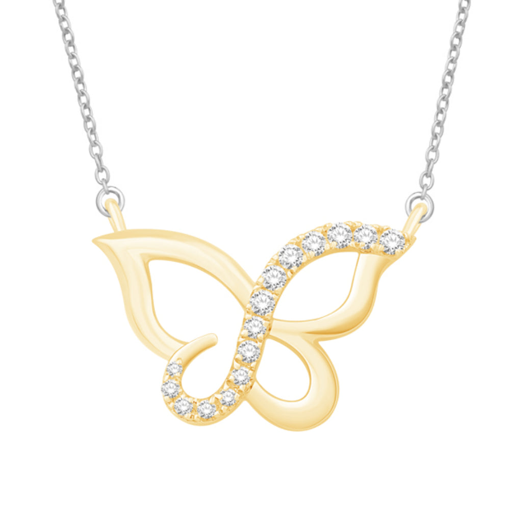 Gold butterfly necklace with diamond accents on a white background