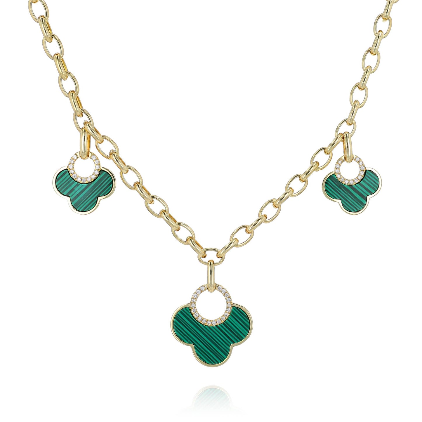 14k Yellow Gold Scallop Shape Malachite and Diamond Station Necklace