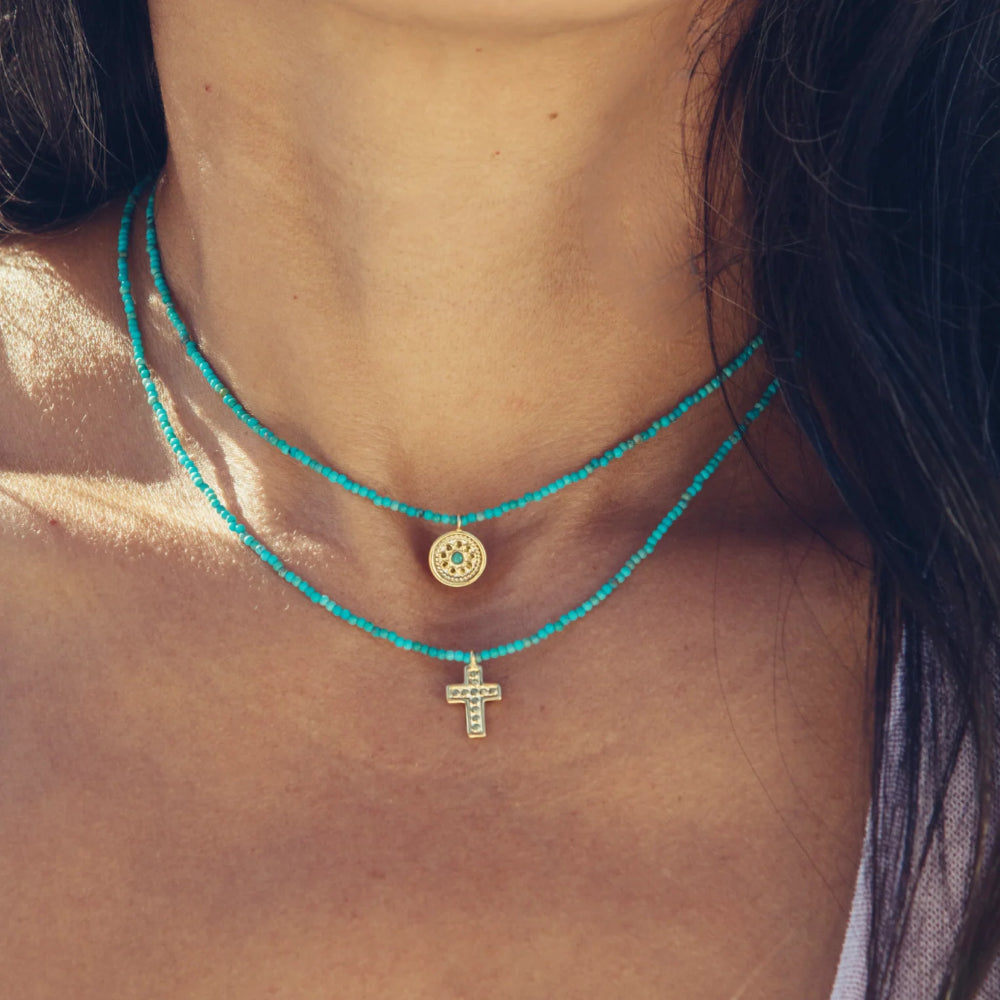 Anna Beck Mini Two Tone Beaded Turquoise Necklace with Gold Cross 15-17"