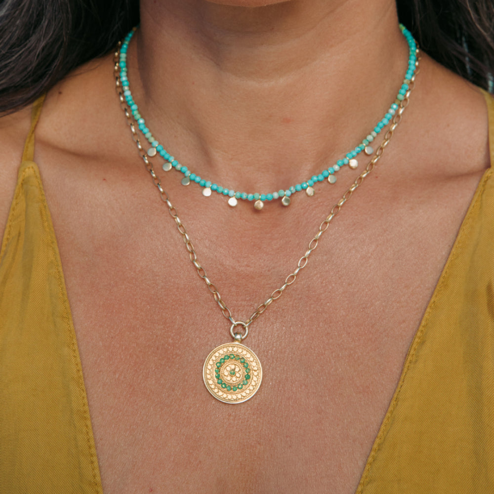 Anna Beck Multi Disc Turquoise Bead Necklace 15-17" - Gold