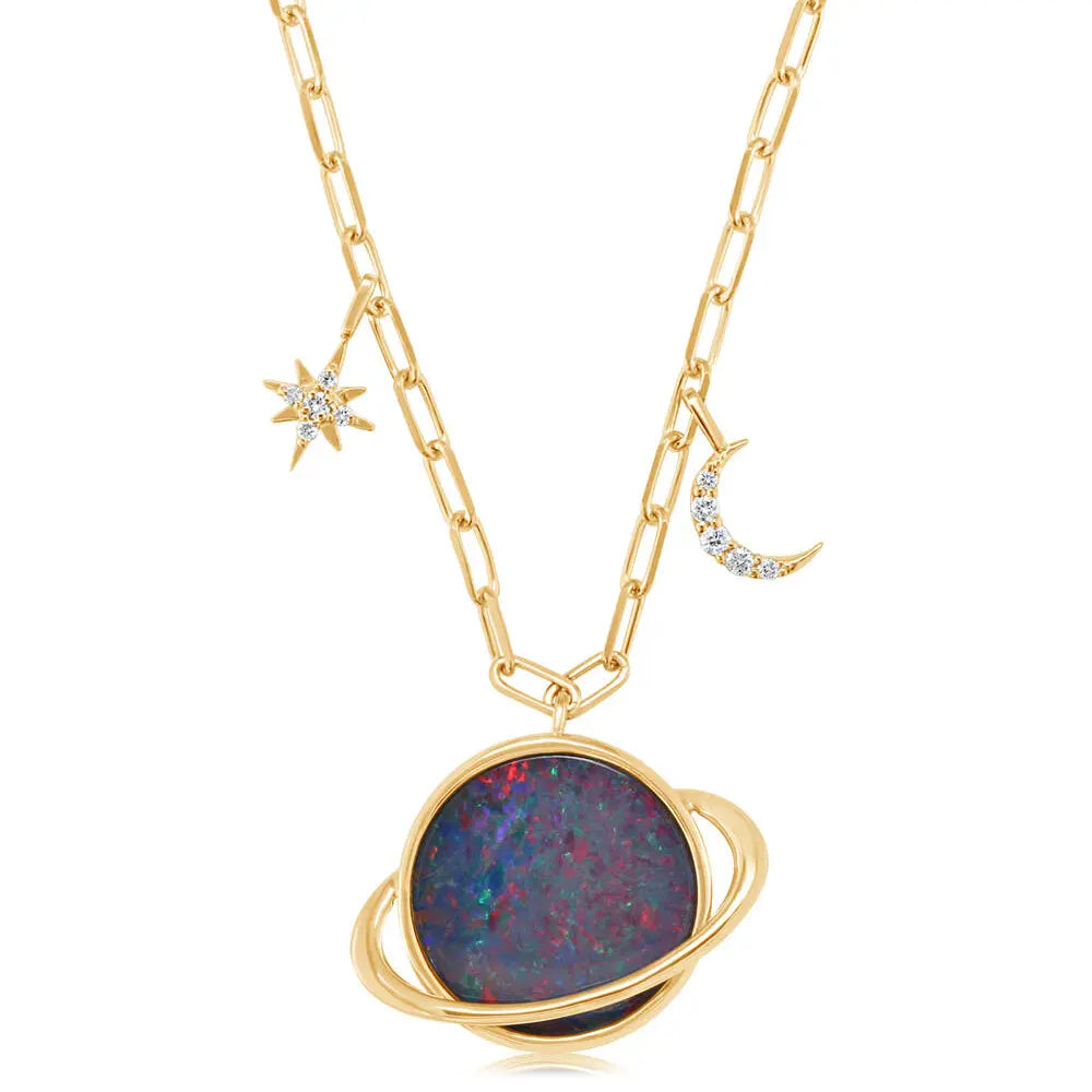 Gold necklace with a colorful pendant on a white background