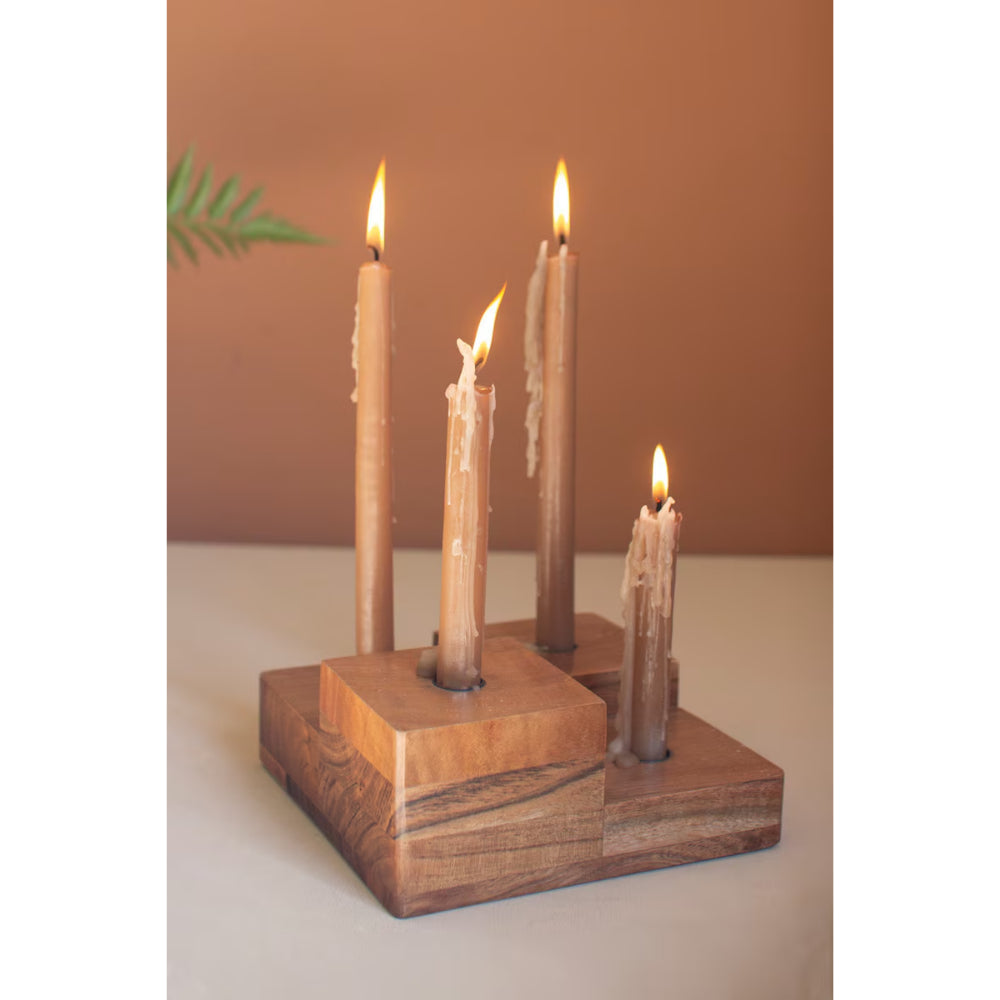 Kalalou Large Glass Hurricane with a Four Taper Holder Wood Base