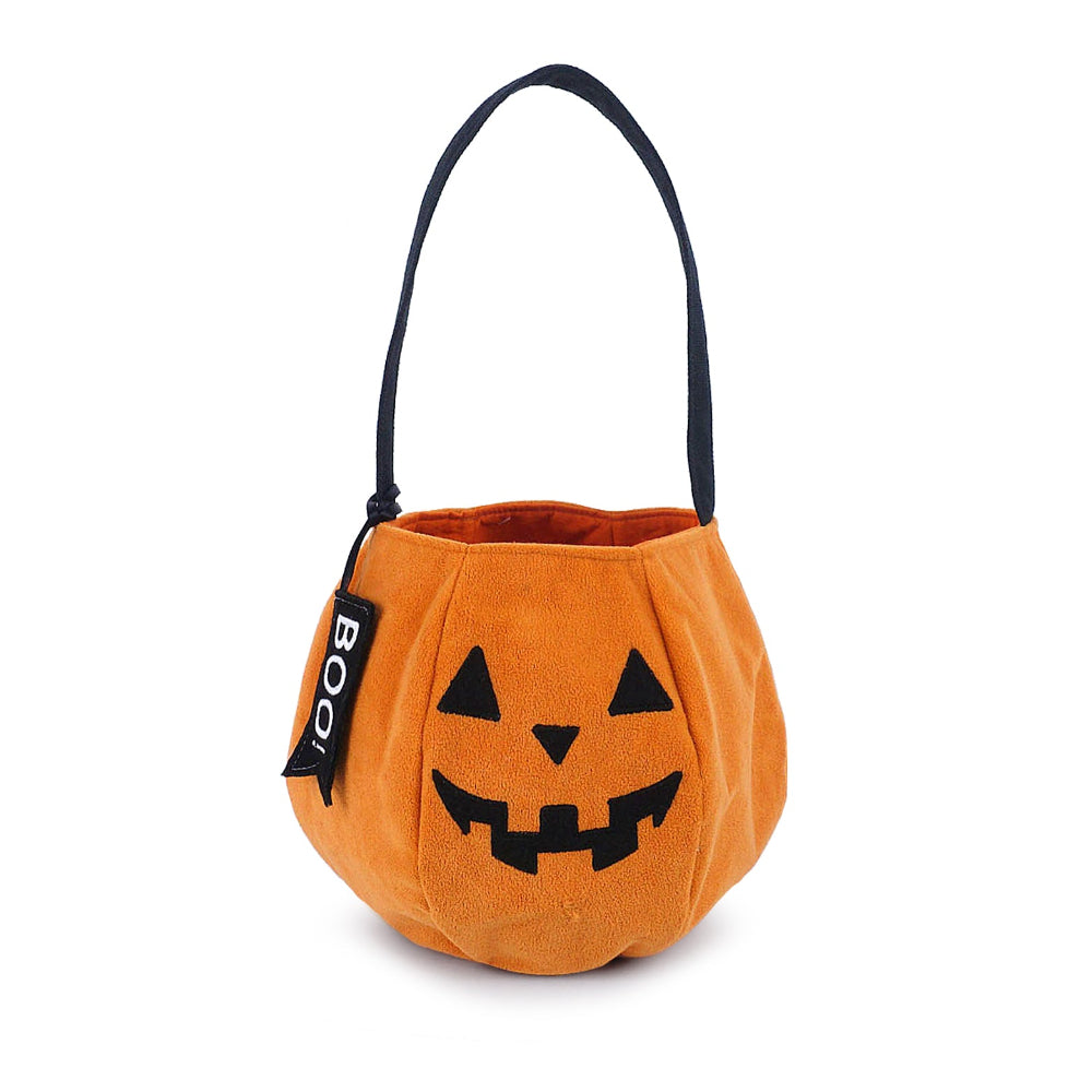 Orange Halloween candy bucket with black face design and 'BOO!' label on a white background