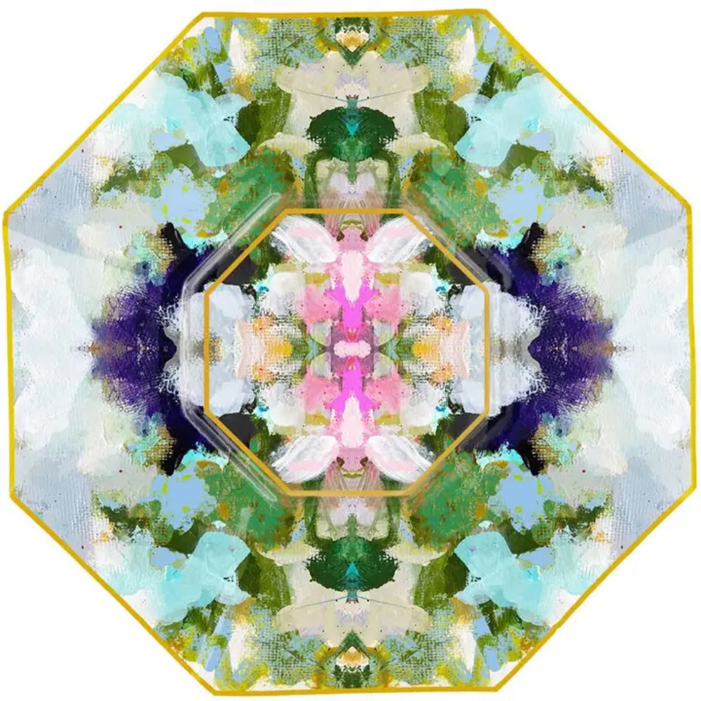 A square decorative plate or tray with rounded corners, featuring a symmetrical kaleidoscopic abstract design in pastel green, blue, pink, white, and purple with a gold border.
