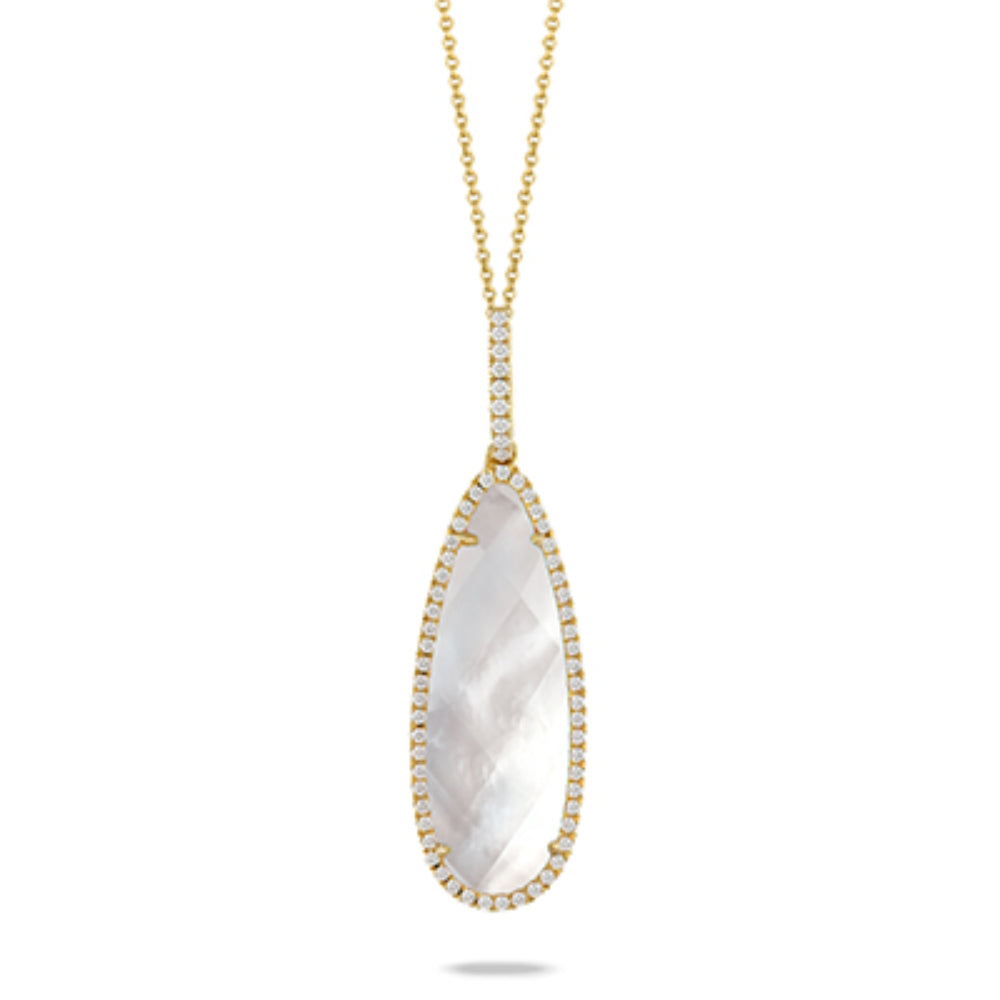18k Gold Mother of Pearl Drop Pendant Necklace with Diamonds