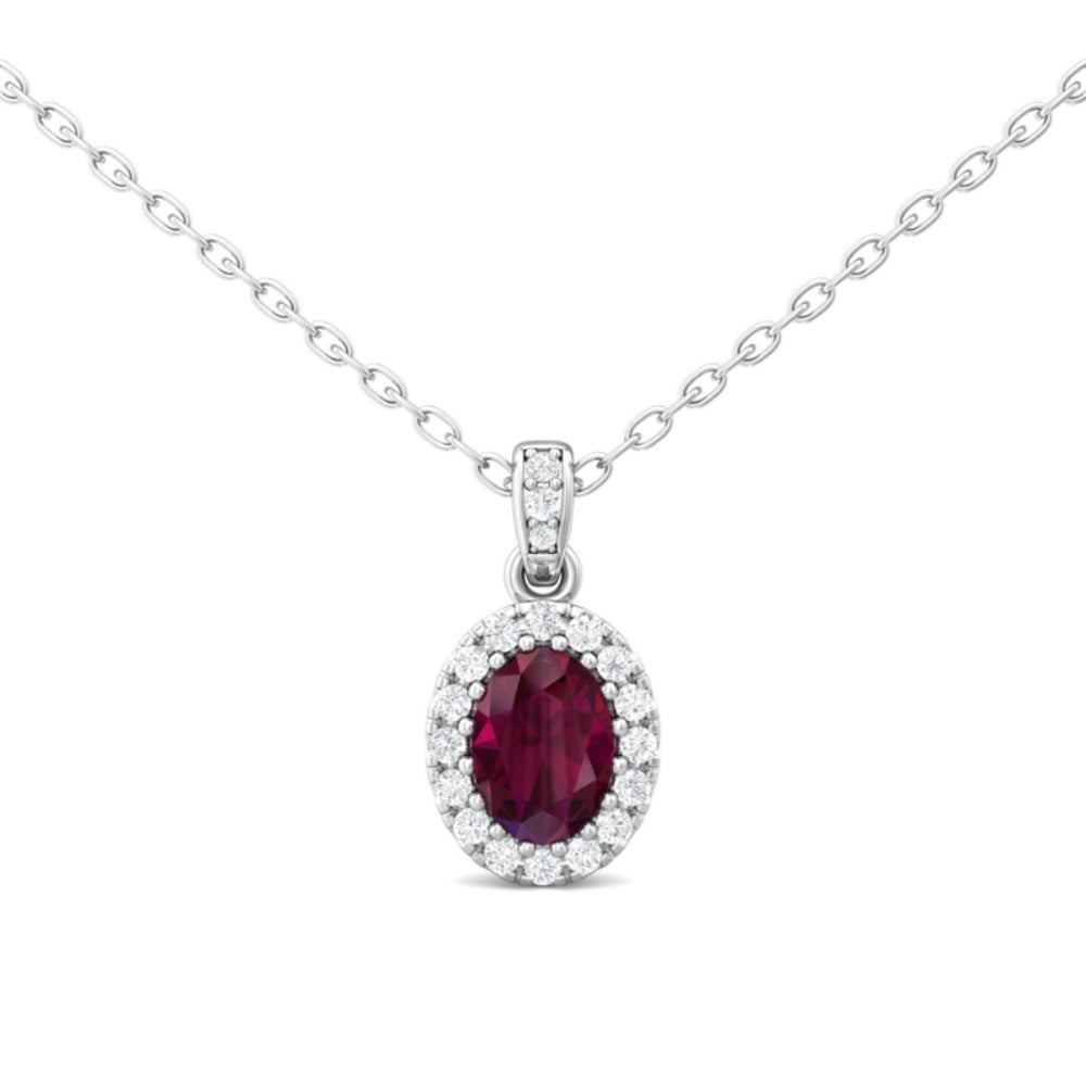 White gold necklace with an oval ruby center and surrounding diamond halo on a white background