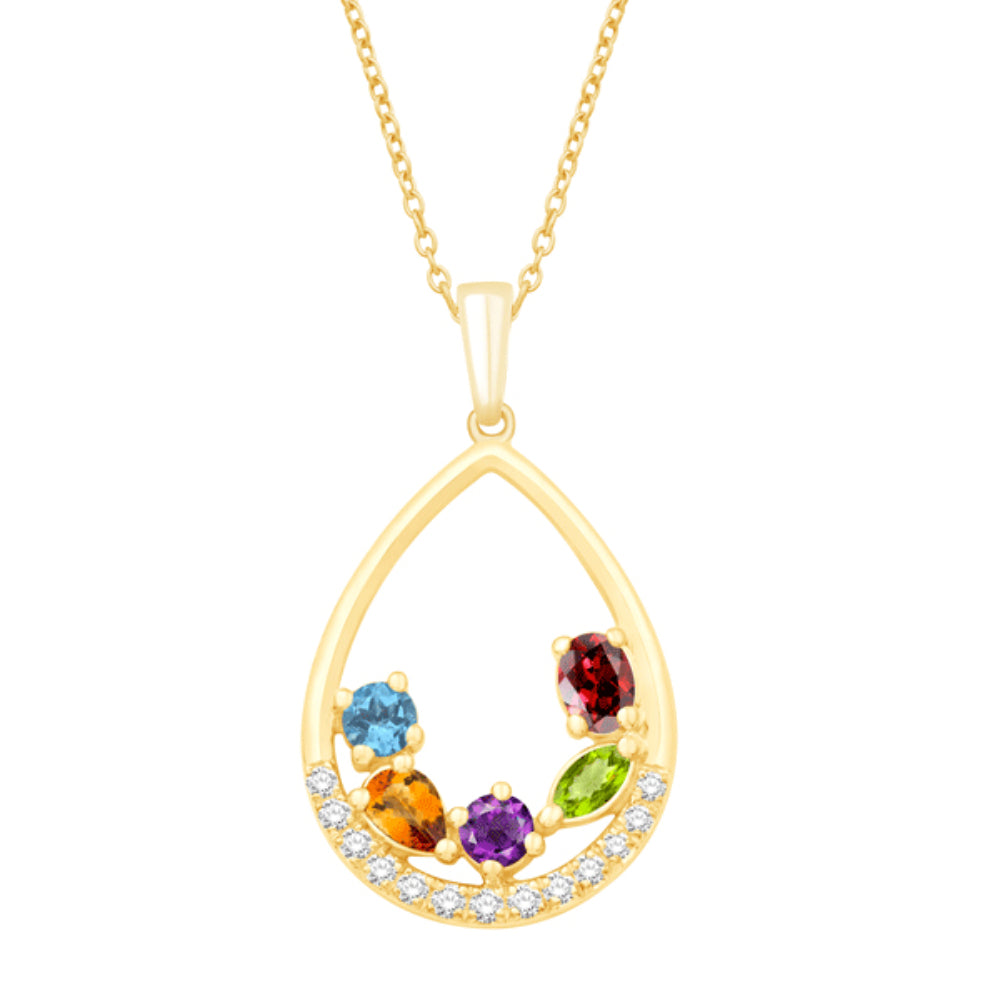 Gold necklace with a teardrop-shaped pendant featuring multicolored gemstones on a white background.