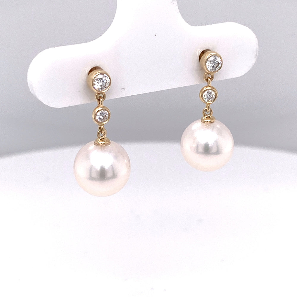 14Y 7.5-8mm Cultured Pearl & Diamond Bezel Drop Earrings