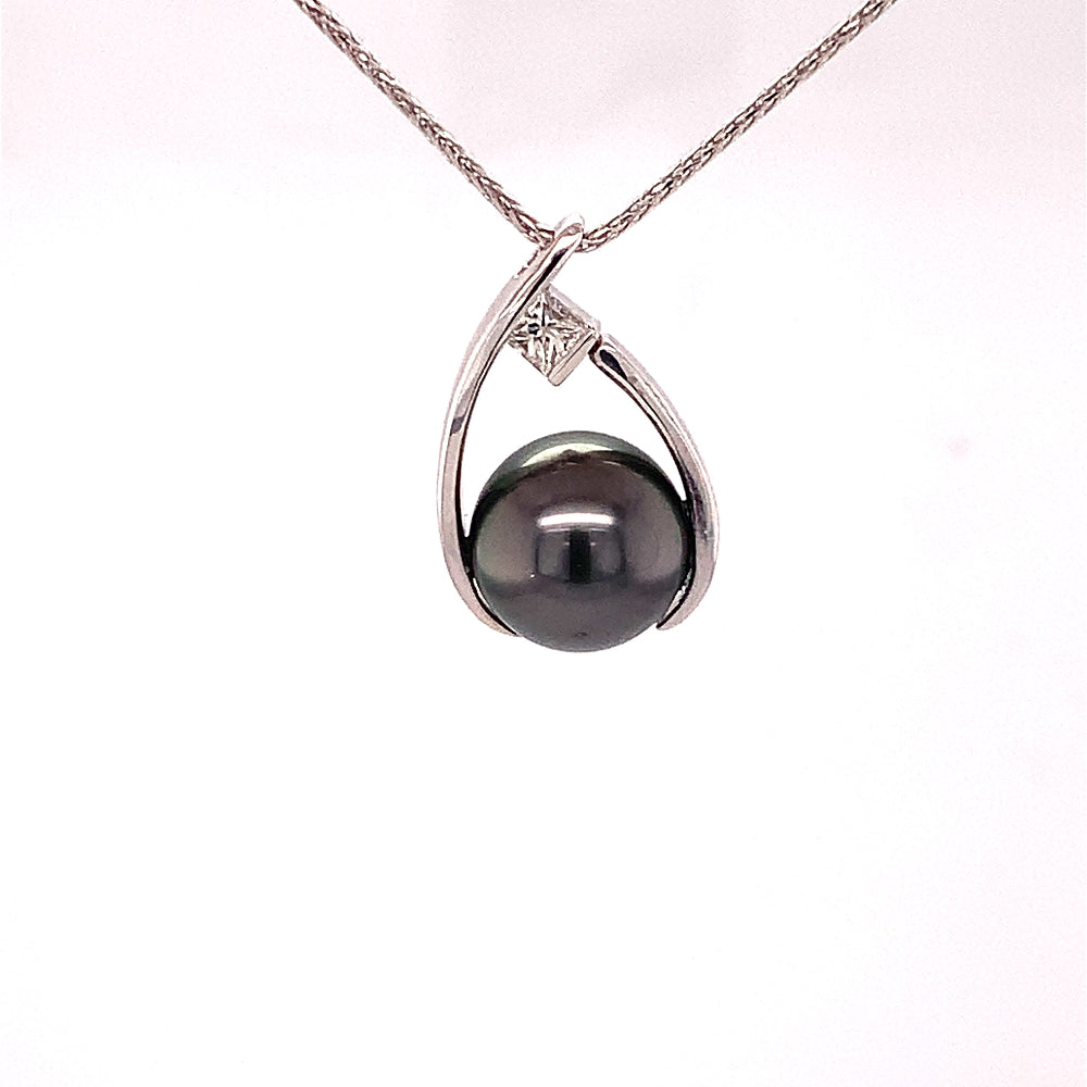 14W Open Frame Tahitian Pearl & Diamond Pendant with 16" Baby Wheat Chain