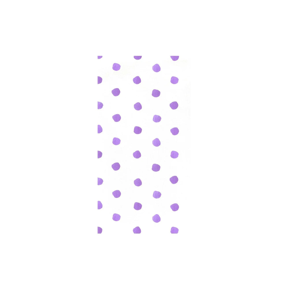 White rectangular paper guest towel with a repeating pattern of small hand-drawn purple polka dots, shown against a plain white background.