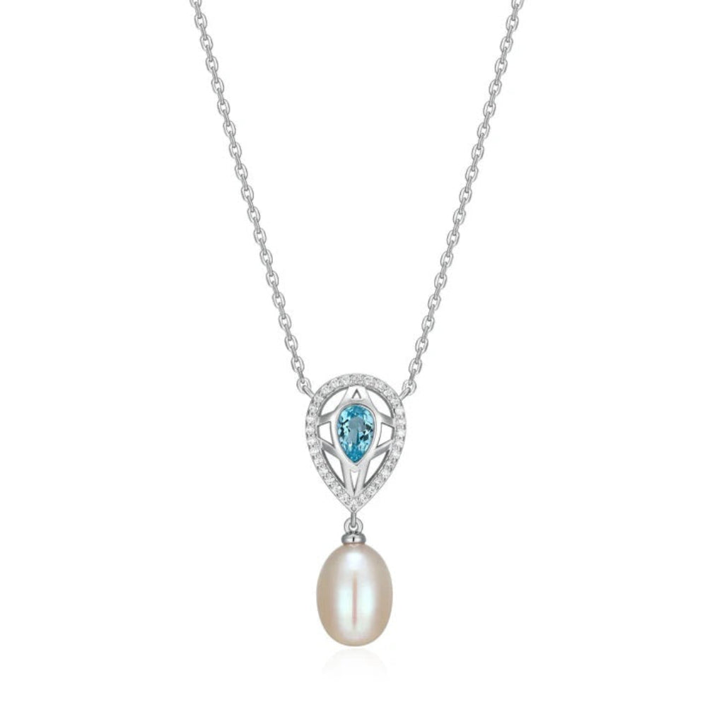 Silver necklace with a teardrop-shaped pendant featuring a marquise-cut blue Topaz gemstone, small clear accent stones, and a dangling freshwater pearl.